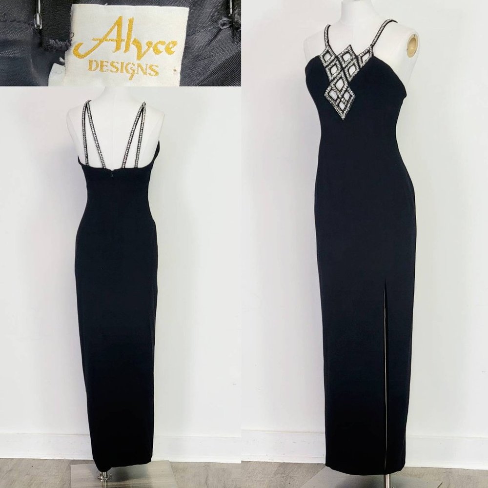 90s Bombshell dress beaded Cut Out Body Con wiggle prom front slit Size Small